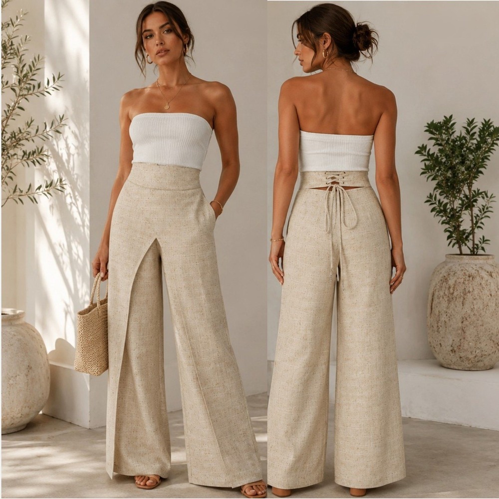 The Commense Textured Overlap Lace-Up Waist Wide Leg Pants Beige Tan Small